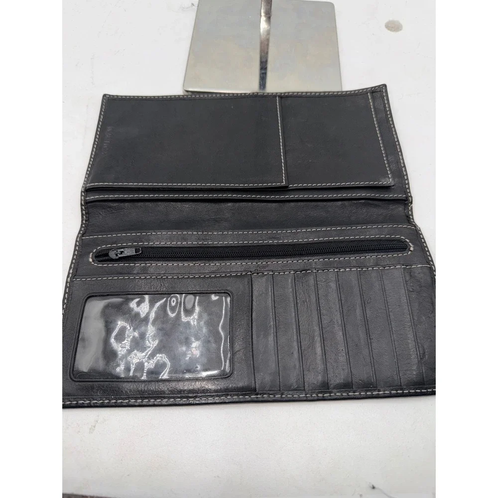 Nautica Mens Black Leather Trifold Checkbook Wallet with Contrast Stitching